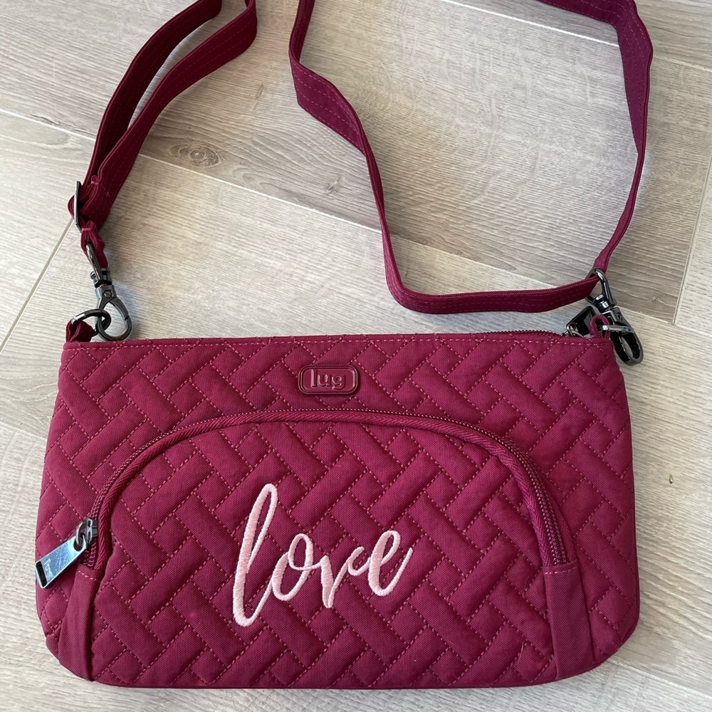EUC Lug flyer in brushed cranberry with pink Love stitching